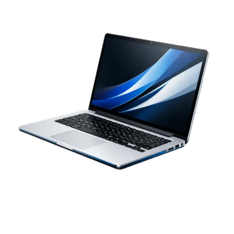 „Schwebender Laptop in 3/4-Perspektive mit modernem Design in Weiß, Blau und Schwarz“